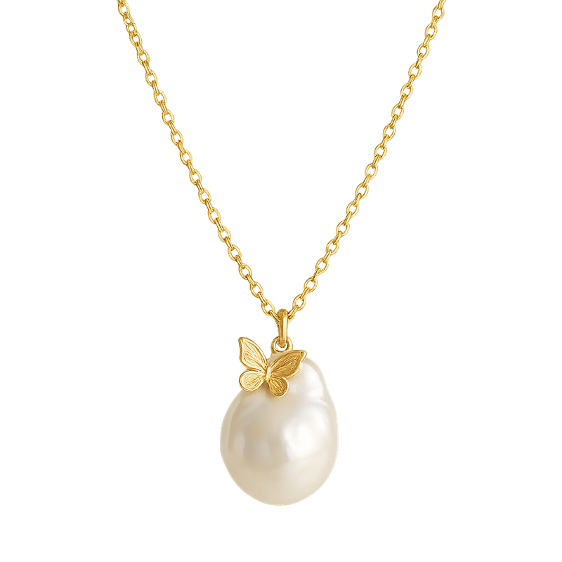 Sustainable Baroque Pearl Necklace with 14K Gold Plated Layering Necklace and Butterfly Accent for Customizable Jewelry Manufacturing
