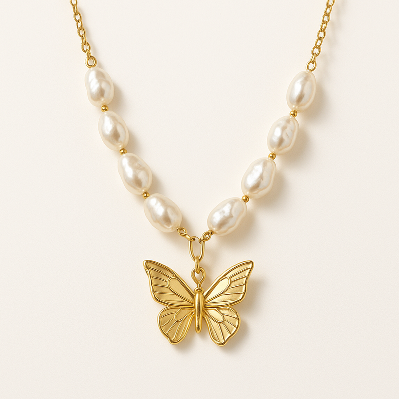 Sustainable Baroque Pearl Necklace Trends: 14k Gold Plated Butterfly Necklace & Layering Necklace with Baroque Pearls for Custom Jewelry Manufacturing