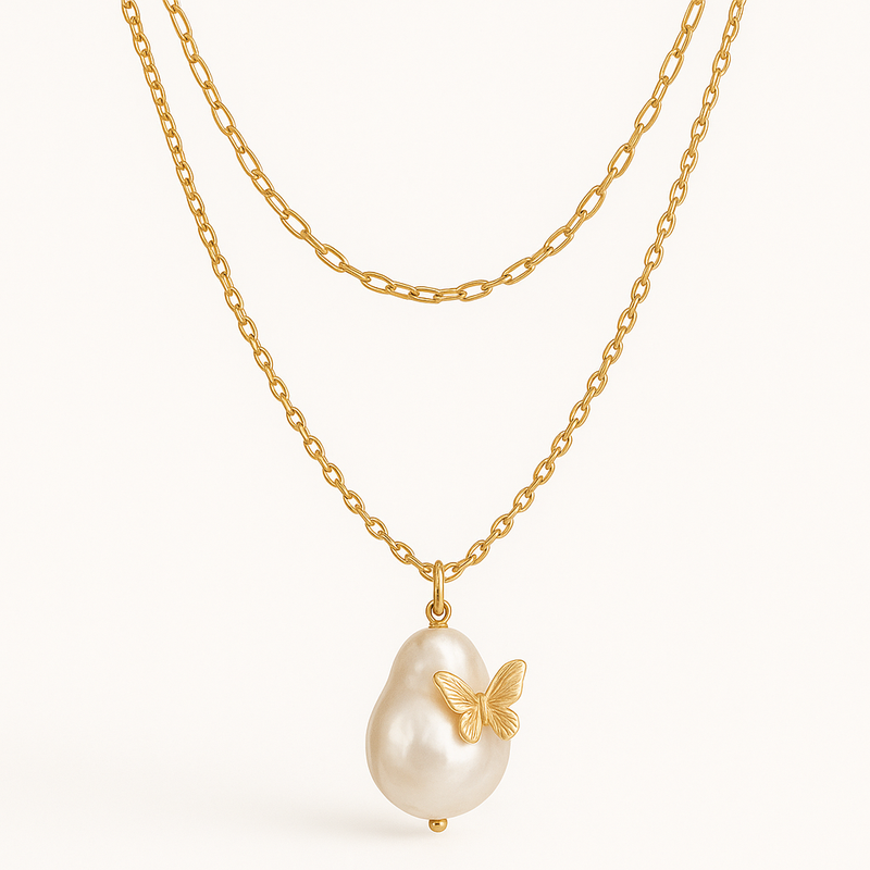 Sustainable Baroque Pearl Necklace with Butterfly Accent Gold Necklace: Trendy 14k Gold Plated Layering Jewelry for Customizable Wholesale Manufacturing