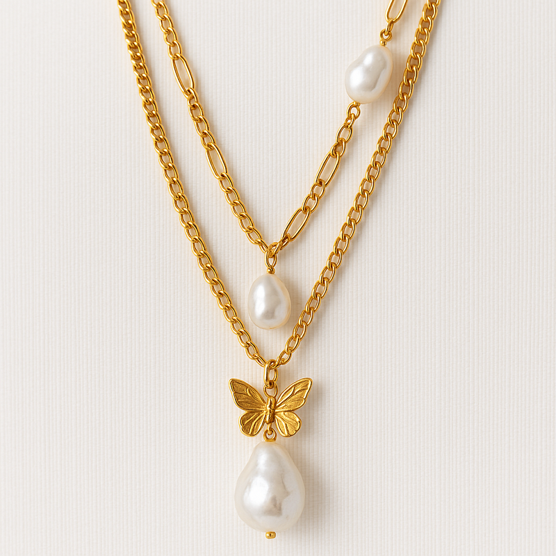 Sustainable Baroque Pearl Necklace: A Stylish Trend with Butterfly Accent 14k Gold Plated Chain for Layered 14k Gold Pearl Necklaces