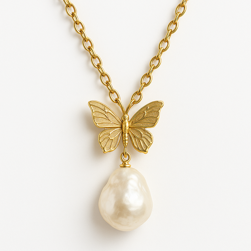Sustainable Baroque Pearl Necklace: A Unique Butterfly Accent 14K Gold Plated Layering Necklace for B2B Jewelry Brands
