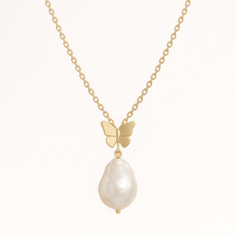 Sustainable Baroque Pearl Necklace, Butterfly Accent Gold Plated Necklace, and 14k Gold Plated Layering Necklace: Customizable Designs for Wholesale Jewelry Manufacturing