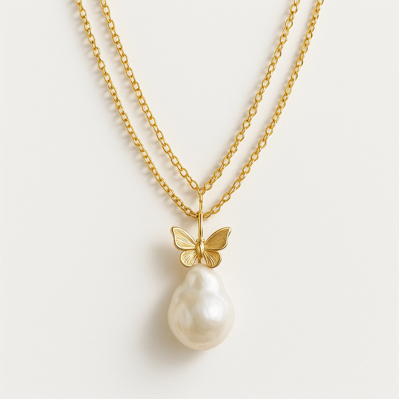 Boost Your Jewelry Business with a Sustainable Baroque Pearl Necklace, Butterfly Accent Gold Plated Necklace, and 14k Gold Plated Layering Necklace