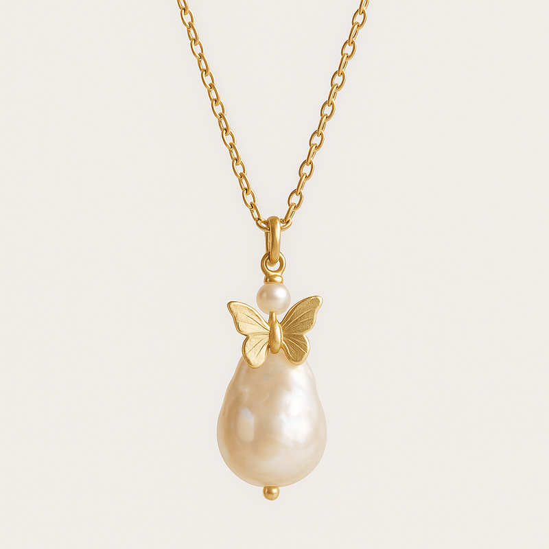 Sustainable Baroque Pearl Necklace and 14k Gold Plated Butterfly Necklace: The Perfect Layering Necklace with Pearl Accent for Your Jewelry Line