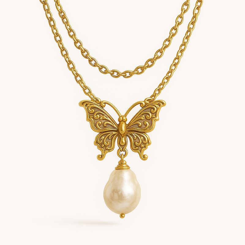 Sustainable Baroque Pearl Necklace Trends: Butterfly Accent 14k Gold & Layered 14k Gold Plated Chain Necklaces for Custom Jewelry Brands