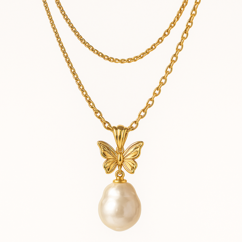 Sustainable Baroque Pearl Necklace with Butterfly Accent: Elevate Your Brand with 14k Gold Plated Layering Chains 8 Sustainable Baroque Pearl Necklace with Butterfly Accent: Elevate Your Brand with 14k Gold Plated Layering Chains
