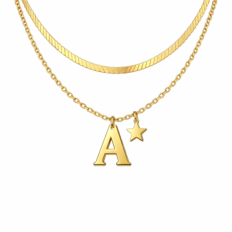 Waterproof 18k Gold Plated Initial Letter Necklace: Customizable Star Charm Layering Stainless Steel Necklace for Your Jewelry Line Waterproof 18k Gold Plated Initial Letter Necklace: Customizable Star Charm Layering Stainless Steel Necklace for Your Jewelry Line