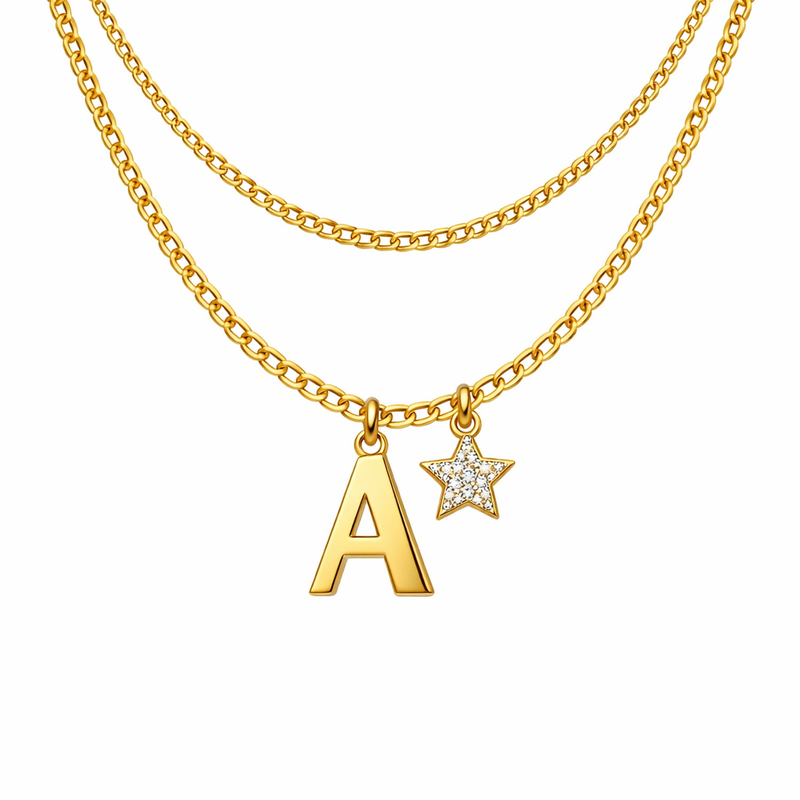 Waterproof 18k Gold Plated Initial Letter Star Charm Necklace: Customizable Stainless Steel Layering Necklaces for B2B Jewelry Brands 2 Waterproof 18k Gold Plated Initial Letter Star Charm Necklace: Customizable Stainless Steel Layering Necklaces for B2B Jewelry Brands