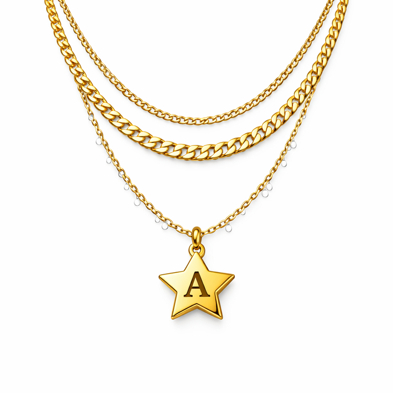 Waterproof 18k Gold Plated Necklace: Elevating Your Brand with Custom Initial Letter Star Charm and Stainless Steel Layering Necklace Designs 7 Waterproof 18k Gold Plated Necklace: Elevating Your Brand with Custom Initial Letter Star Charm and Stainless Steel Layering Necklace Designs