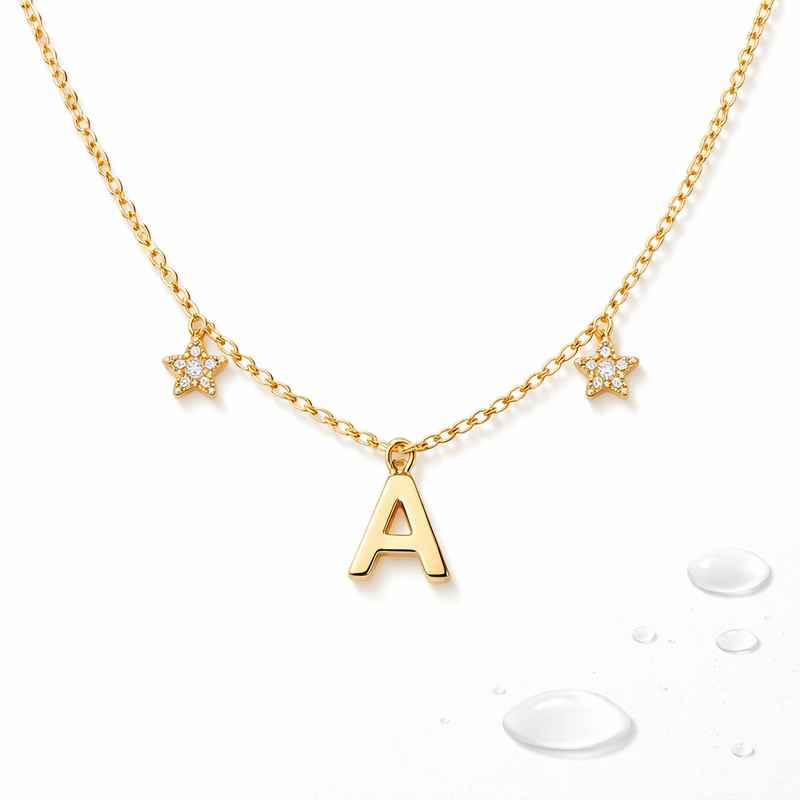 Waterproof 18k Gold Plated Necklace with Initial & Star Charms 1 Waterproof 18k Gold Plated Necklace with Initial & Star Charms