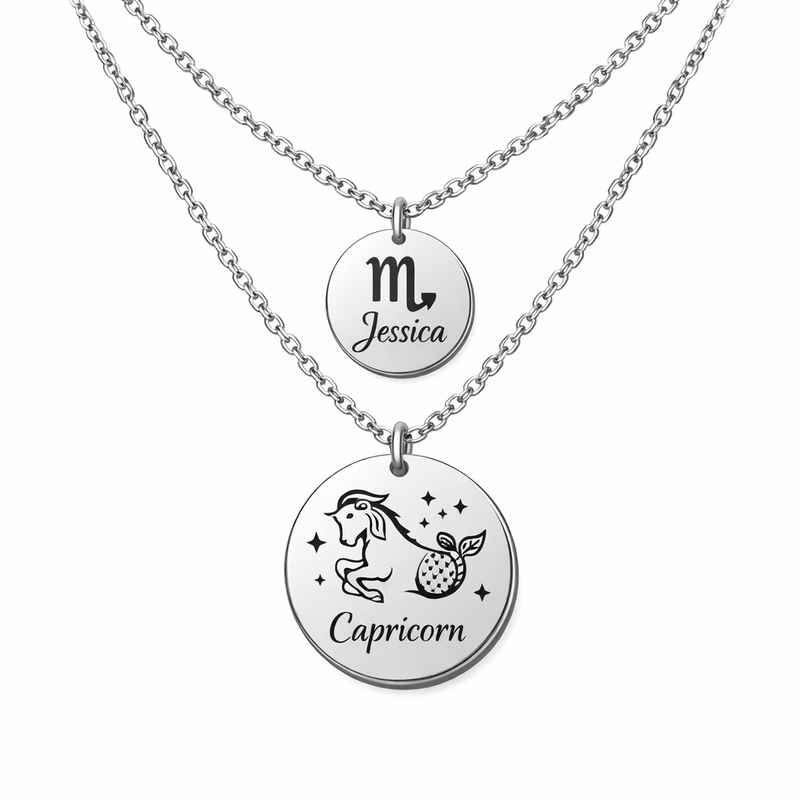 Personalized Engraved Zodiac Pendant Stainless Steel Layering Necklace 2 Personalized Engraved Zodiac Pendant Stainless Steel Layering Necklace