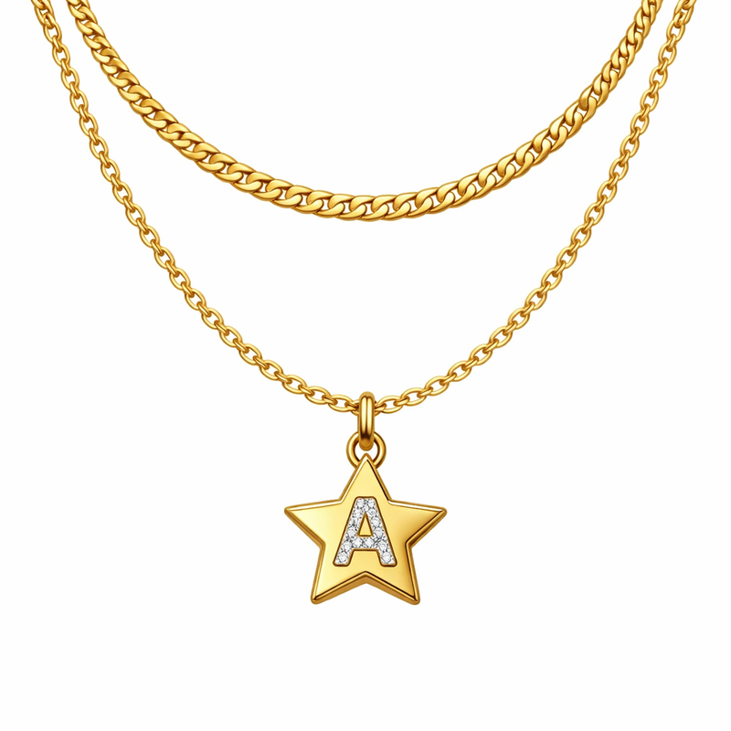 Waterproof 18k Gold Plated Necklace: Exquisite Initial Letter Star Charm and Stainless Steel Layering Necklace for OEM/ODM Jewelry Manufacturing 8 Waterproof 18k Gold Plated Necklace: Exquisite Initial Letter Star Charm and Stainless Steel Layering Necklace for OEM/ODM Jewelry Manufacturing