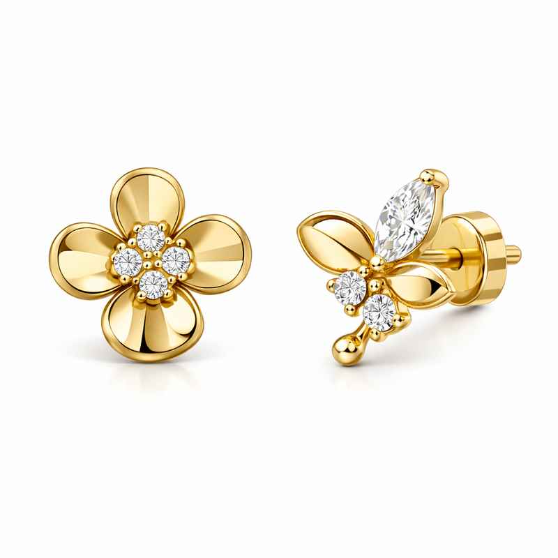 Elegant 14k Gold Plated Earrings - Stainless Steel Flower Studs 2 Elegant 14k Gold Plated Earrings - Stainless Steel Flower Studs