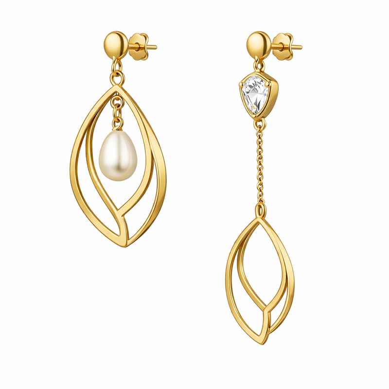 Asymmetric Hypoallergenic Gold Plated Earrings with Petal Frame Design 2 Asymmetric Hypoallergenic Gold Plated Earrings with Petal Frame Design