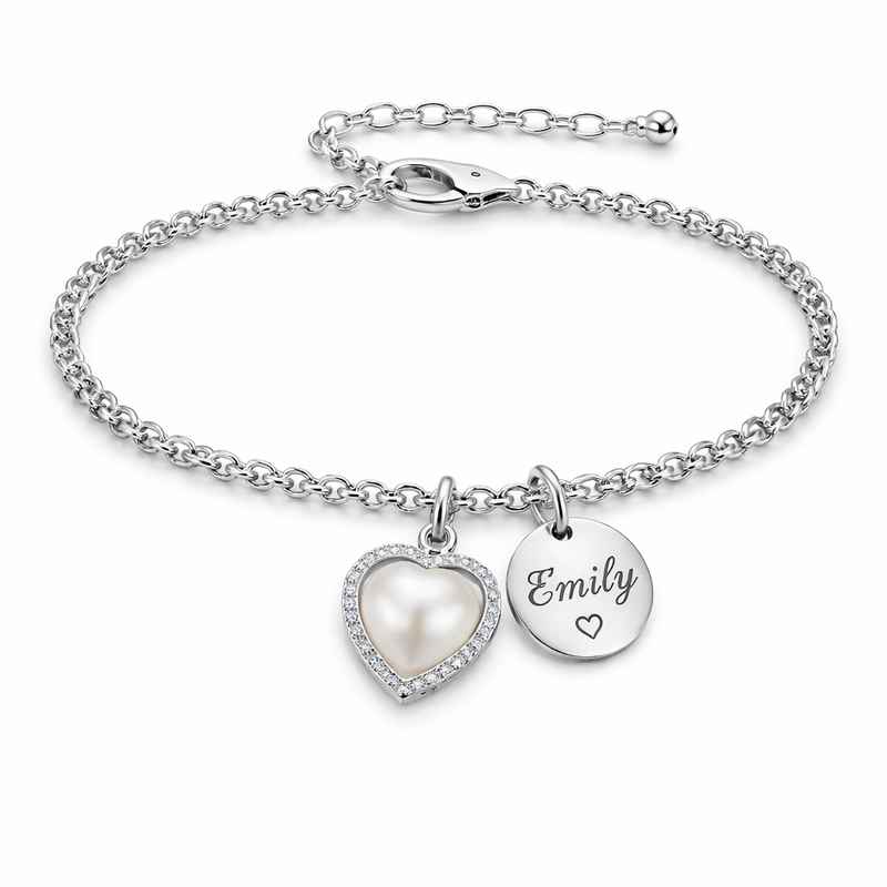 Dainty Romantic Stainless Steel Engraved Pearl Heart Bracelet - Personalized Love Charm 1 Dainty Romantic Stainless Steel Engraved Pearl Heart Bracelet - Personalized Love Charm