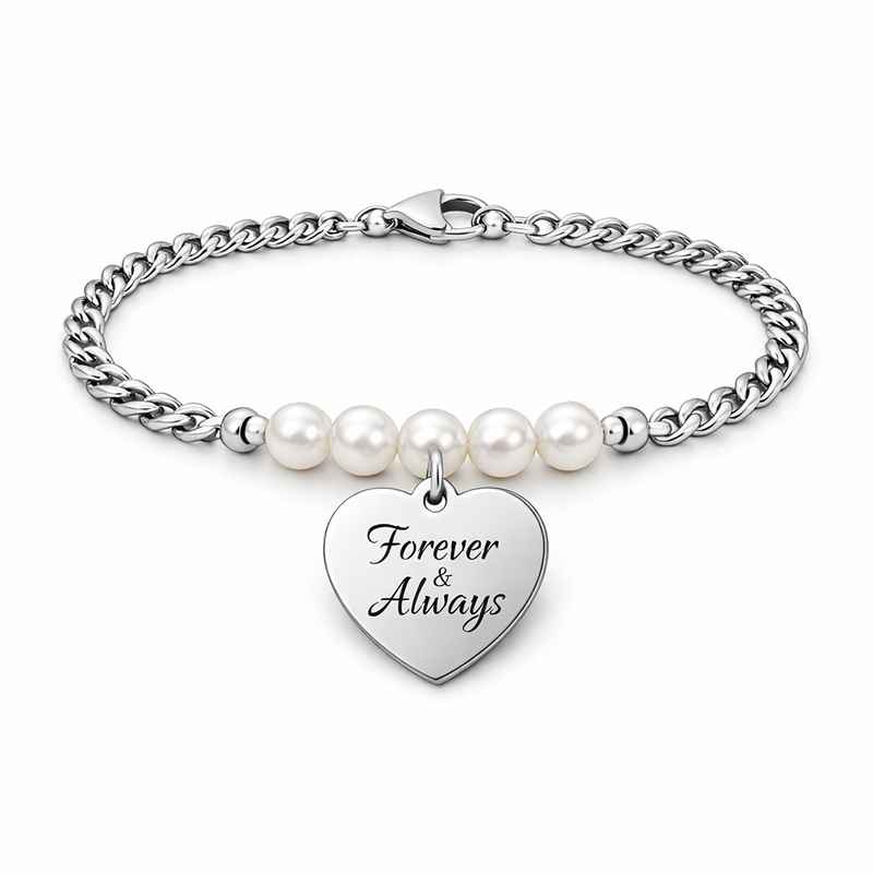 Dainty Romantic Engraved Pearl Heart Bracelet - Personalized Stainless Steel Love Charm 2 Dainty Romantic Engraved Pearl Heart Bracelet - Personalized Stainless Steel Love Charm