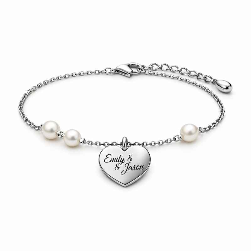Dainty Romantic Personalized Pearl Heart Charm Bracelet - Custom Engraved Love Heart Stainless Steel Jewelry 1 Dainty Romantic Personalized Pearl Heart Charm Bracelet - Custom Engraved Love Heart Stainless Steel Jewelry