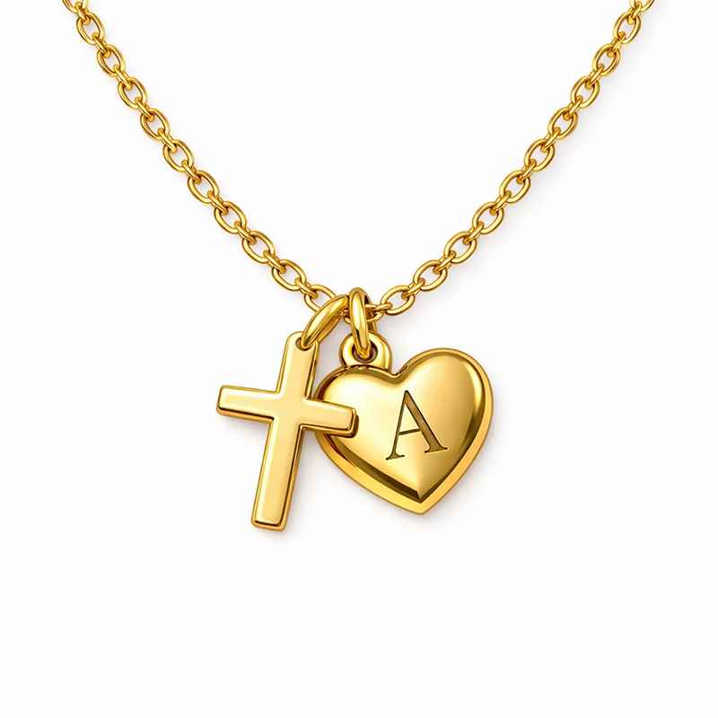 Initial Cross Heart Charm Necklace with Gold Stainless Steel Pendant 2 Initial Cross Heart Charm Necklace with Gold Stainless Steel Pendant