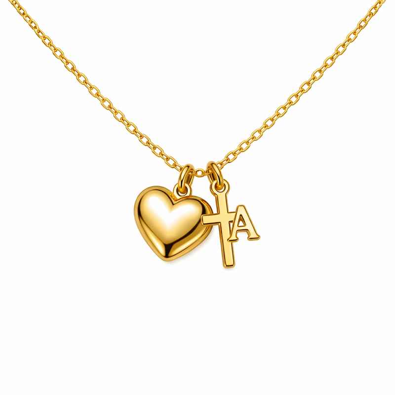 Initial Cross Heart Charm Gold Stainless Steel Personalized Necklace 3 Initial Cross Heart Charm Gold Stainless Steel Personalized Necklace