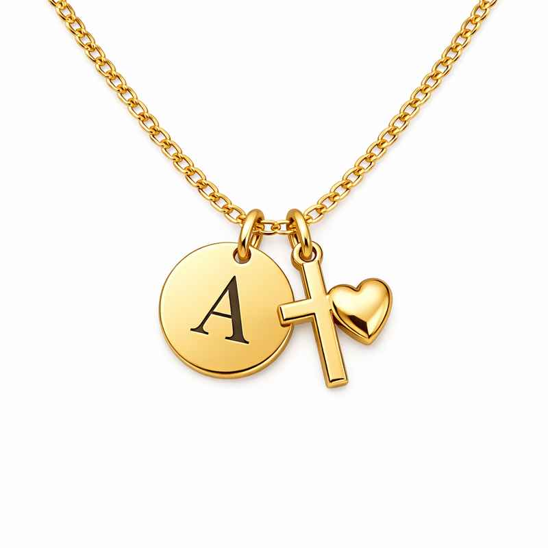 Personalized Initial Cross Heart Charm Necklace with Gold Stainless Steel Pendant 1 Personalized Initial Cross Heart Charm Necklace with Gold Stainless Steel Pendant