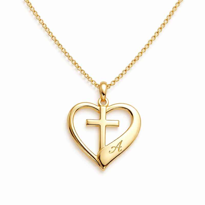 Initial Cross Heart Necklace with Personalized Gold Stainless Steel Pendant 2 Initial Cross Heart Necklace with Personalized Gold Stainless Steel Pendant
