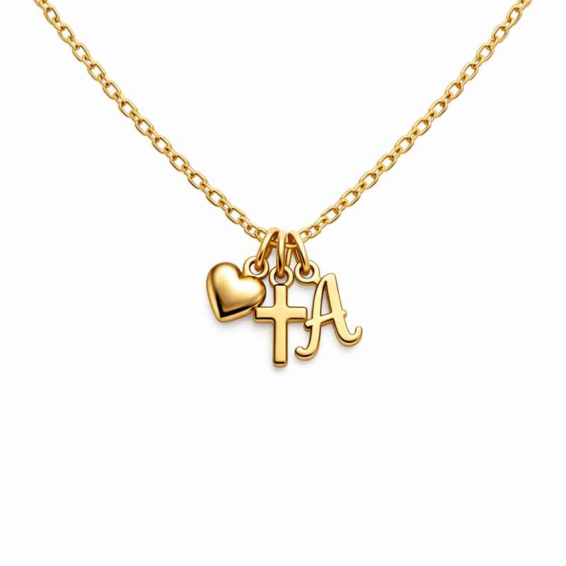 Gold Personalized Pendant Necklace with Initial Cross Heart Charm 2 Gold Personalized Pendant Necklace with Initial Cross Heart Charm