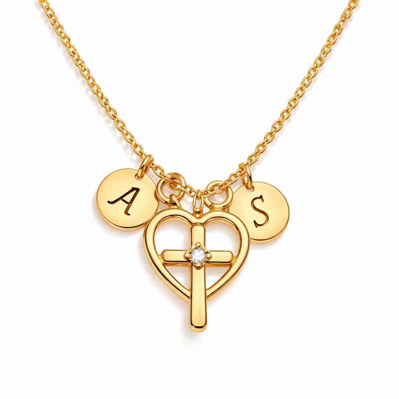 Initial Cross Heart Charm Necklace with Personalized Gold Stainless Steel Pendant 2 Initial Cross Heart Charm Necklace with Personalized Gold Stainless Steel Pendant