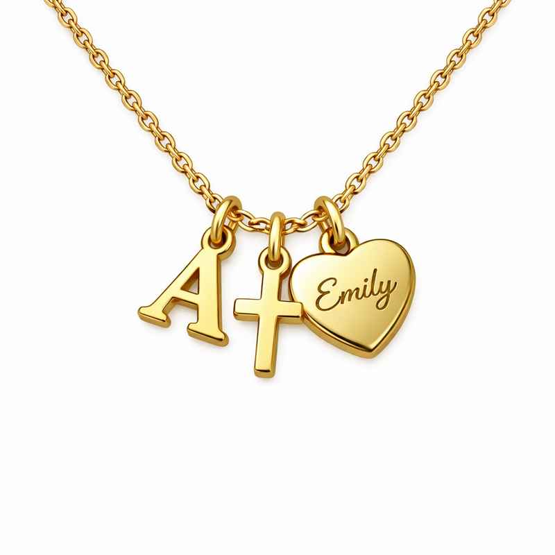 Gold Stainless Steel Personalized Pendant with Initial Cross Heart Charm Necklace 2 Gold Stainless Steel Personalized Pendant with Initial Cross Heart Charm Necklace
