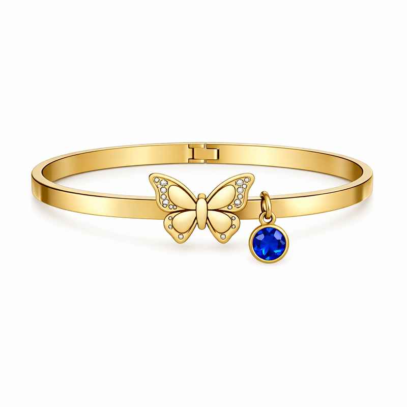 Personalized Gold Stainless Steel Birthstone Charm Bracelet with Butterfly 2 Personalized Gold Stainless Steel Birthstone Charm Bracelet with Butterfly