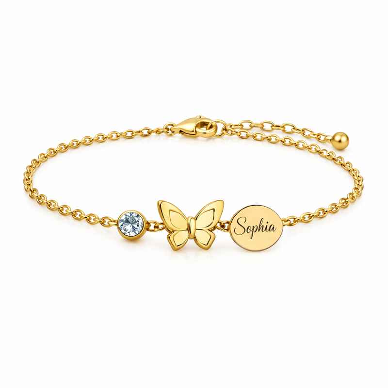 Personalized Gold Stainless Steel Butterfly Birthstone Charm Bracelet 1 Personalized Gold Stainless Steel Butterfly Birthstone Charm Bracelet