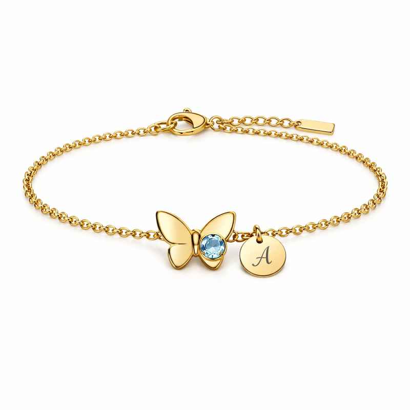 Personalized Gold Stainless Steel Bracelet with Butterfly Birthstone Charm 1 Personalized Gold Stainless Steel Bracelet with Butterfly Birthstone Charm