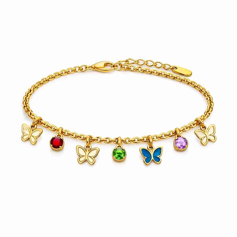 Personalized Gold Stainless Steel Butterfly Birthstone Charm Bracelet 1 Personalized Gold Stainless Steel Butterfly Birthstone Charm Bracelet
