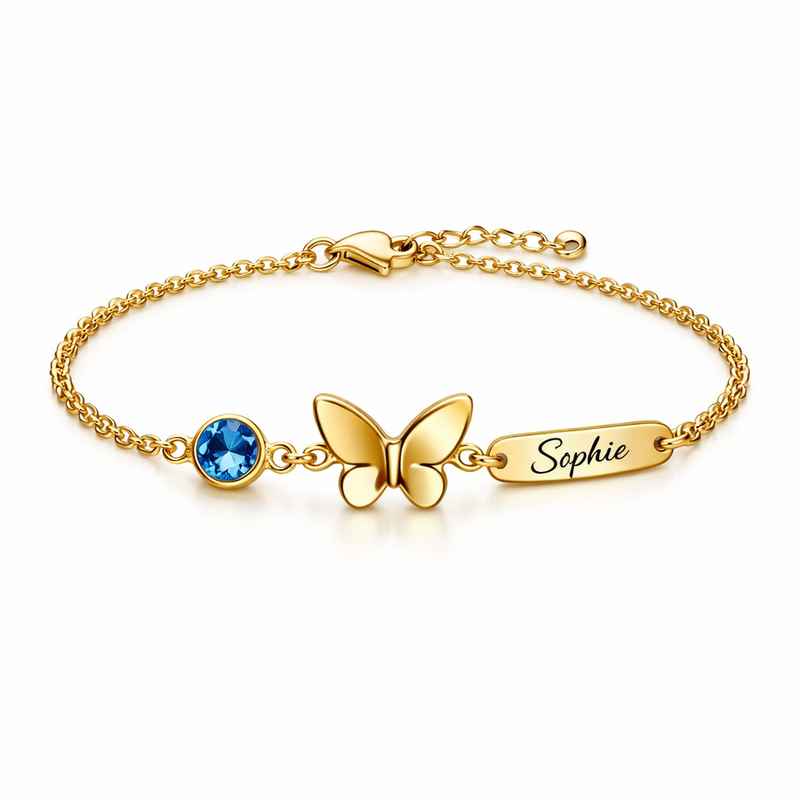 Personalized Gold Stainless Steel Butterfly Birthstone Charm Bracelet 1 Personalized Gold Stainless Steel Butterfly Birthstone Charm Bracelet