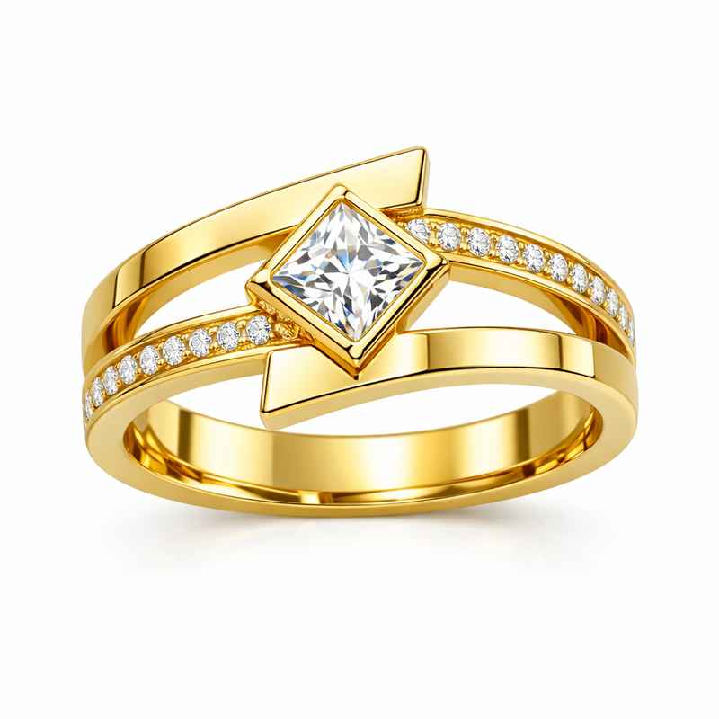 Geometric Birthstone Zircon Ring - Gold Plated Stainless Steel Modern Ring 2 Geometric Birthstone Zircon Ring - Gold Plated Stainless Steel Modern Ring