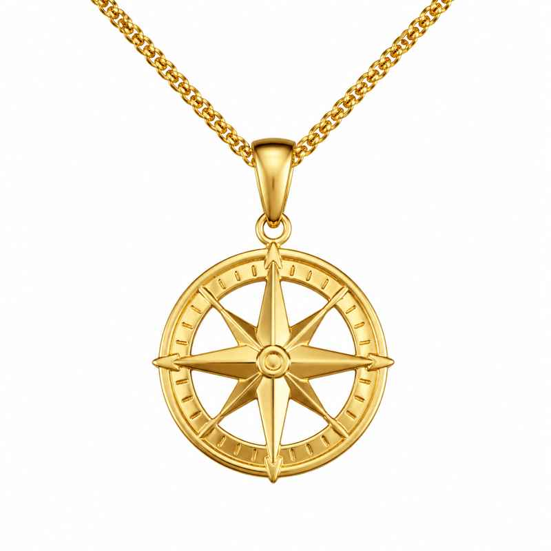 Geometric Hollow Gold Compass Necklace 18k Gold Stainless Steel Pendant for Men