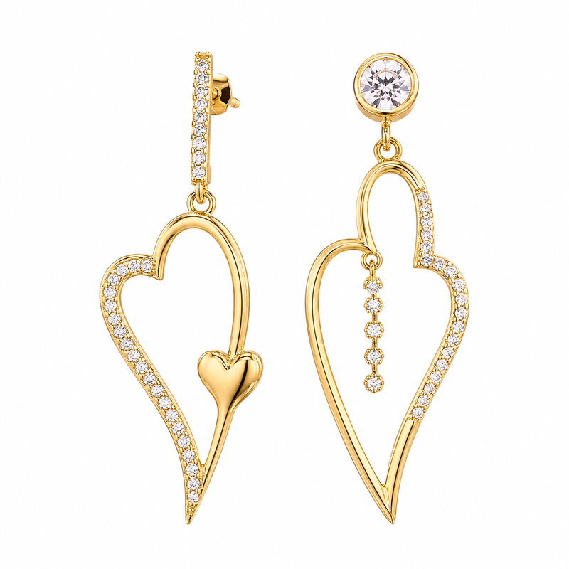 Asymmetric Heart Gold Plated Zircon Earrings: Boost Wholesale Sales with Customizable Heart-Shaped Dangle Designs 2 Asymmetric Heart Gold Plated Zircon Earrings: Boost Wholesale Sales with Customizable Heart-Shaped Dangle Designs