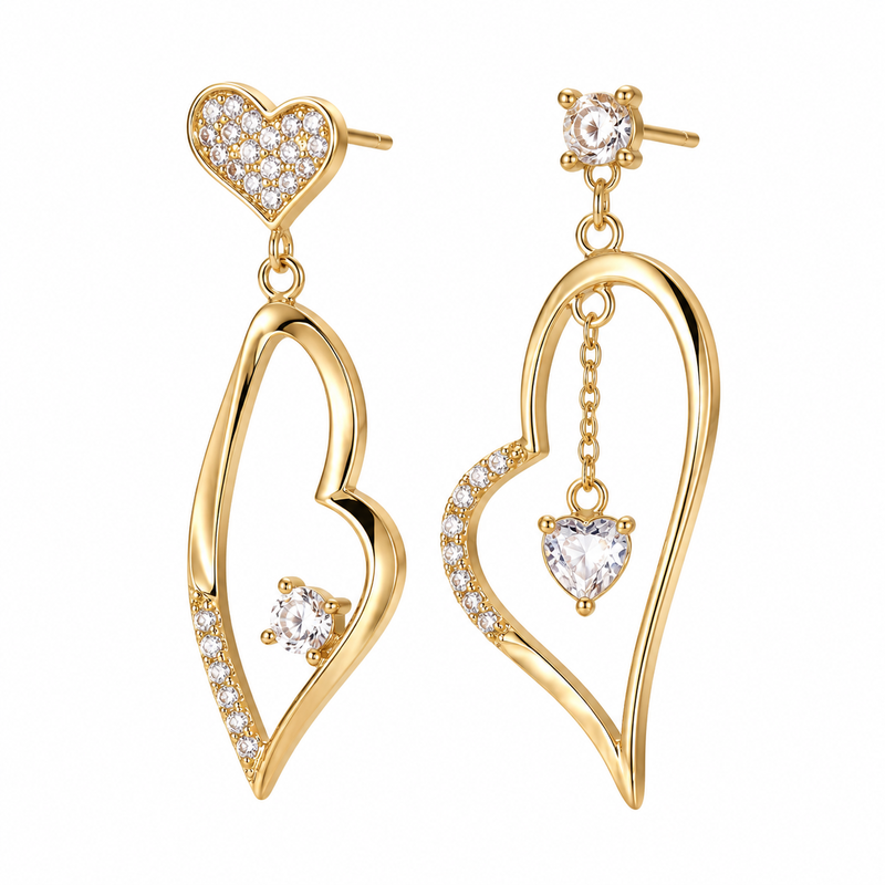 Asymmetric Heart Gold Plated Stainless Steel Zircon Drop Earrings: Wholesale Customization for Women’s Jewelry Brands 9 Asymmetric Heart Gold Plated Stainless Steel Zircon Drop Earrings: Wholesale Customization for Women’s Jewelry Brands